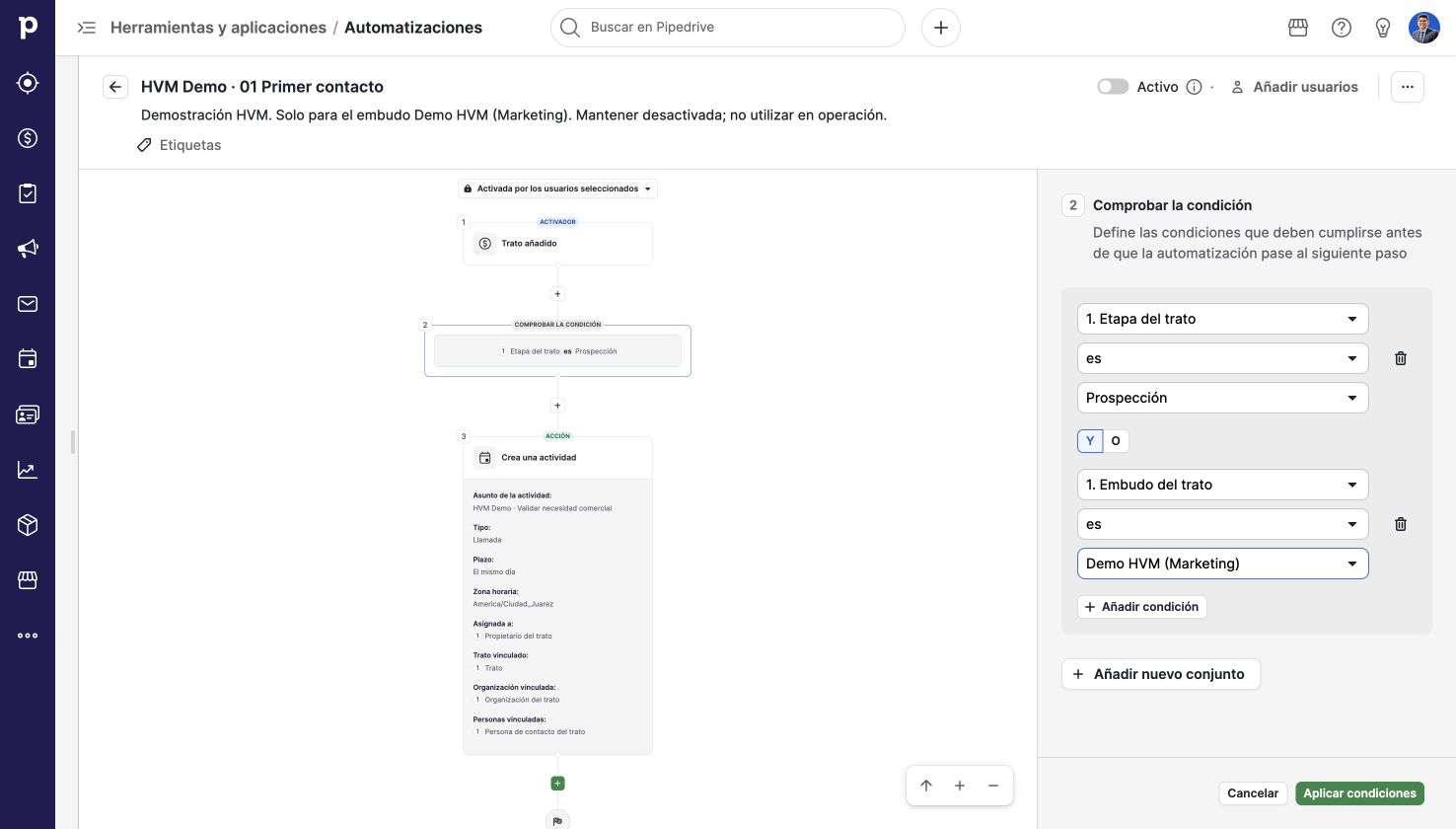 Condiciones limitadas al embudo demo. Pipedrive en una cuenta de demostración.